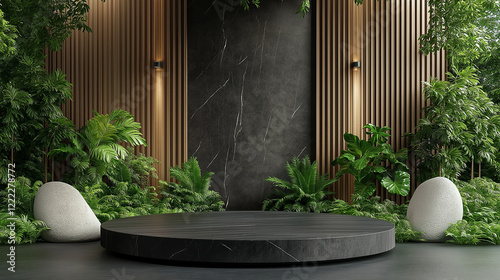 Natural stone stage in serene surroundings with plants and warm lighting photo