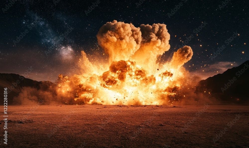 Dynamic Desert Explosion Under Starry Night Sky - Stunning Visual Effect for Action Scenes, Apocalyptic Themes, and Science Fiction Concepts, Generative AI