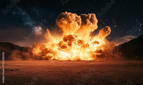 Obraz na płótnie Dynamic Desert Explosion Under Starry Night Sky - Stunning Visual Effect for Action Scenes, Apocalyptic Themes, and Science Fiction Concepts, Generative AI w salonie
