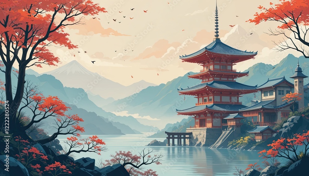 Obraz premium Tranquil japanese landscape with traditional pagoda and autumn colors by a serene lake