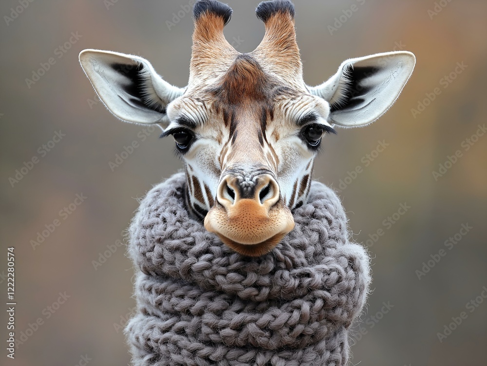 Naklejka premium giraffe portrait, warm scarf, textured background, whimsical animal photography