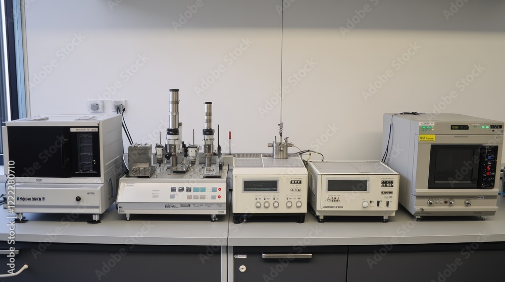 A clean and organized layout of laboratory testing equipment used in materials engineering. A clean and organized layout of laboratory testing equipment used in materials engineering.
