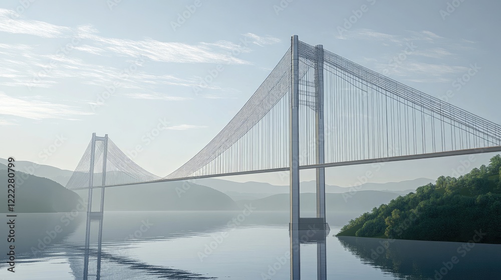 Obraz premium A clean design featuring a digital rendering of a suspension bridge with an engineering overlay.