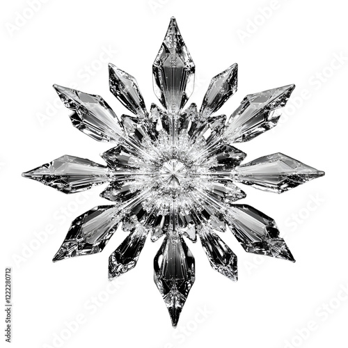 View of a perfectly detailed snowflake with elegant crystal tips, isolated on a white transparent background