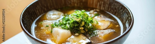 Delicious bowl of soup with herbs and seafood against a light background.