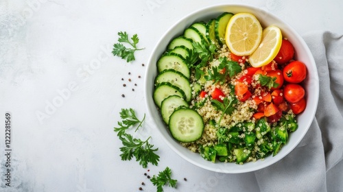 A bowl of fresh quinoa salad with cucumbers, cherry tomatoes, bell peppers