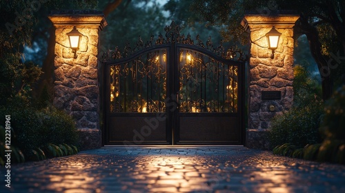 Enchanting View of a Majestic Gate Bathed in Golden Light Shining Through the Openings Creating a Mystical Atmosphere Inviting Exploration and Discovery in a Serene Landscape Setting photo