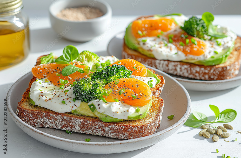 Vibrant Flat Lay of Vegetable Cream Soup Bowls and Avocado Toast with Fresh Green Leaves, Perfect for Health-Conscious Lunchtime Inspiration Vibrant Flat Lay of Vegetable Cream Soup Bowls and Avocado Toast with Fresh Green Leaves, Perfect for Health-Conscious Lunchtime Inspiration