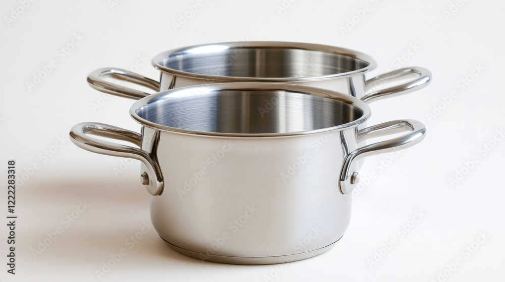 Stainless Steel Cooking Pots with Handles on a Light Background Stainless Steel Cooking Pots with Handles on a Light Background