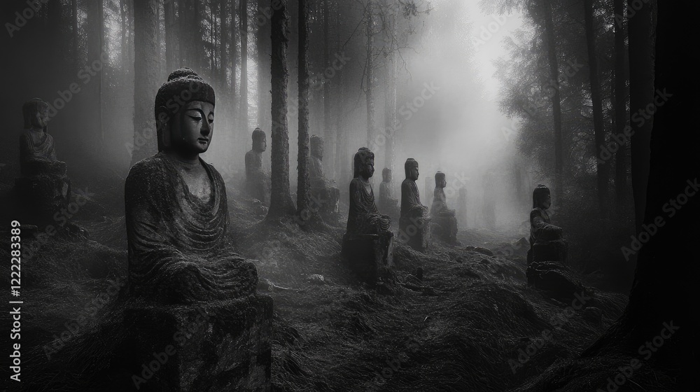 A dark forest grove filled with ancient, weathered stone statues hidden within swirling mist, creating an atmosphere of haunting beauty A dark forest grove filled with ancient, weathered stone statues hidden within swirling mist, creating an atmosphere of haunting beauty