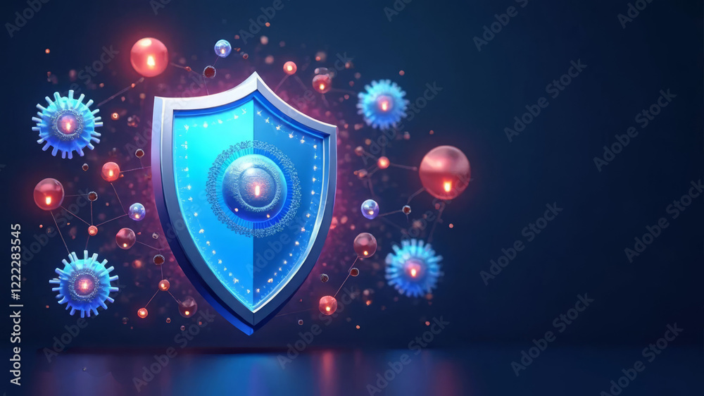 Fototapeta premium Illustration, antivirus protection with shield and virus icons in creative style, representing digital protection. 