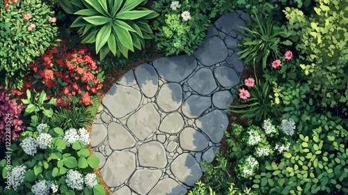 Aerial View of Stone Pathway in Lush Garden  Semi Realistic Painting Style photo