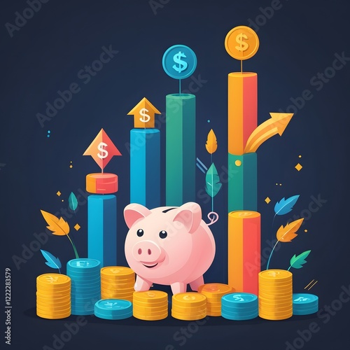 A colorful vector concept of financial growth, including stacks of coins, arrows pointing upward, and a piggy bank. 