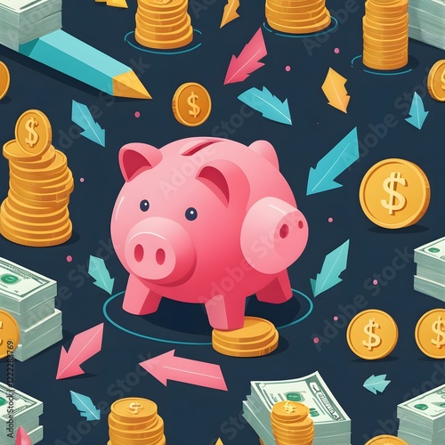 A colorful vector concept of financial growth, including stacks of coins, arrows pointing upward, and a piggy bank. 