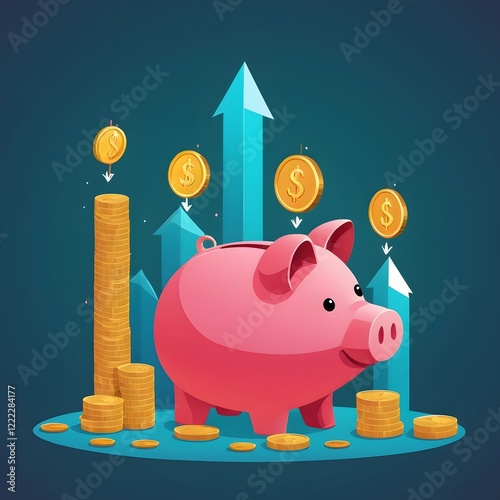 A colorful vector concept of financial growth, including stacks of coins, arrows pointing upward, and a piggy bank. 