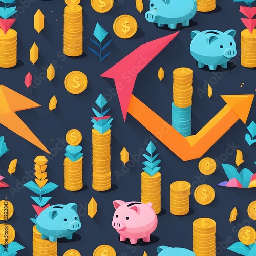 A colorful vector concept of financial growth, including stacks of coins, arrows pointing upward, and a piggy bank. 