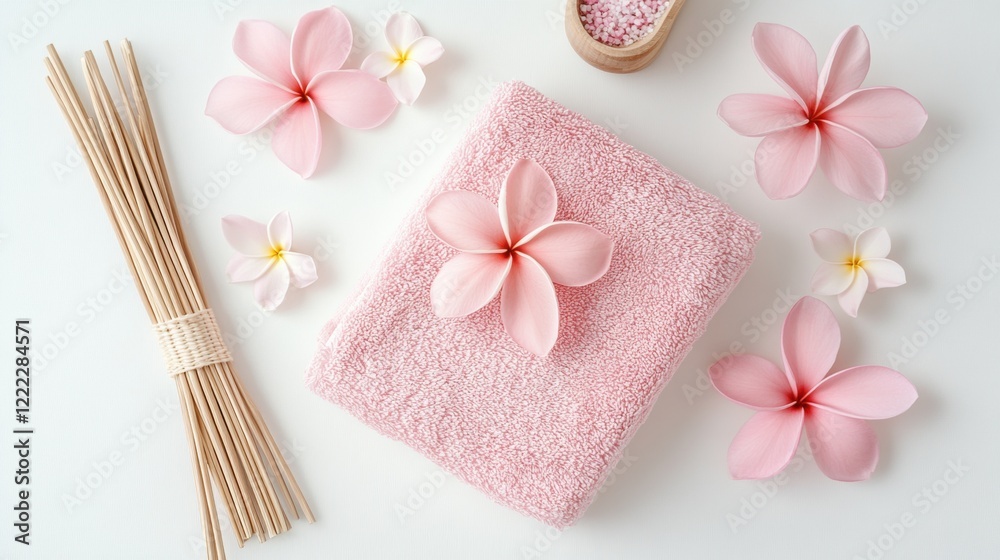 Soft Pink Towels and Frangipani Flowers for Spa Relaxation Soft Pink Towels and Frangipani Flowers for Spa Relaxation