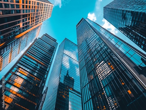 City Skyline Dominated by Tall Glass Skyscrapers Reflecting Sunrise, Modern Urban Architecture with Futuristic Aesthetic in a Serene Morning Glow