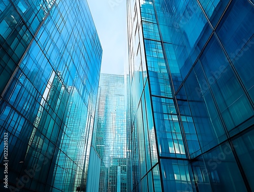 City Skyline Dominated by Tall Glass Skyscrapers Reflecting Sunrise, Modern Urban Architecture with Futuristic Aesthetic in a Serene Morning Glow