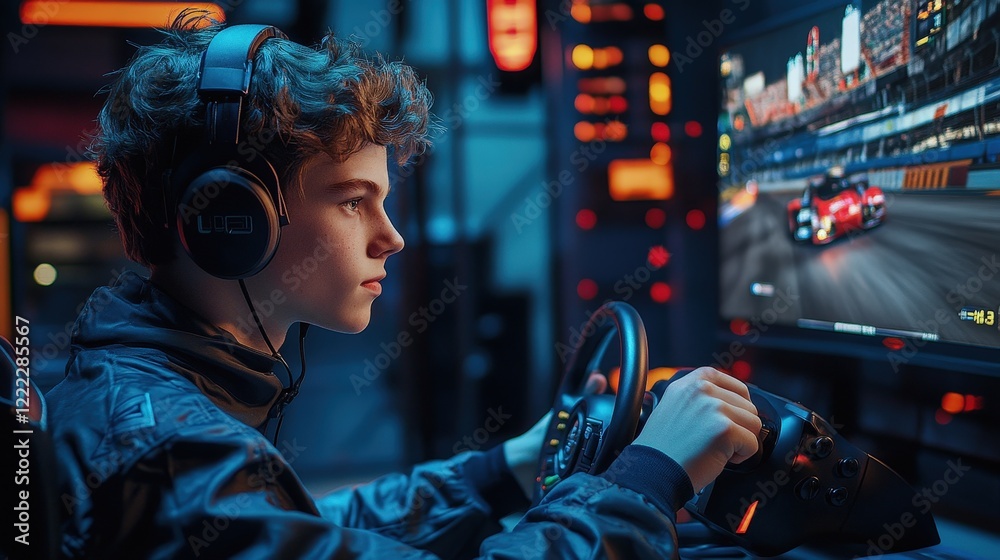 Boy sitting on floor playing video game with game controller and focused expression on his face