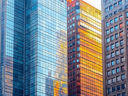City Skyline Dominated by Tall Glass Skyscrapers Reflecting Sunrise, Modern Urban Architecture with Futuristic Aesthetic in a Serene Morning Glow