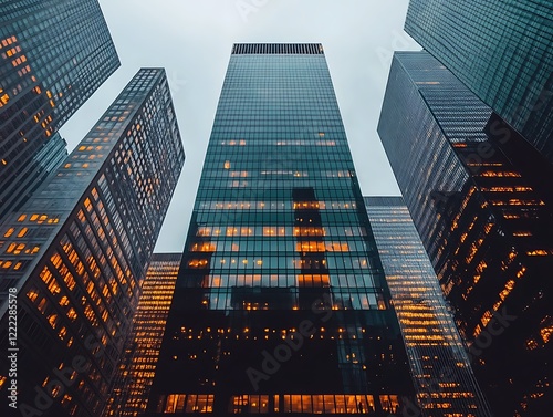 City Skyline Dominated by Tall Glass Skyscrapers Reflecting Sunrise, Modern Urban Architecture with Futuristic Aesthetic in a Serene Morning Glow