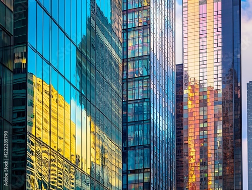 City Skyline Dominated by Tall Glass Skyscrapers Reflecting Sunrise, Modern Urban Architecture with Futuristic Aesthetic in a Serene Morning Glow