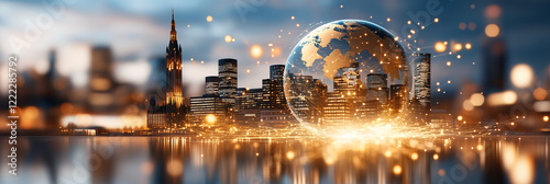 Global business hub connecting international markets in a futuristic cityscape photo