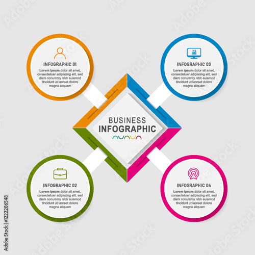 Flow chart with 4 rounded elements and numbers connected to main circle. Concept of 4 stages of business project. Modern infographic design template