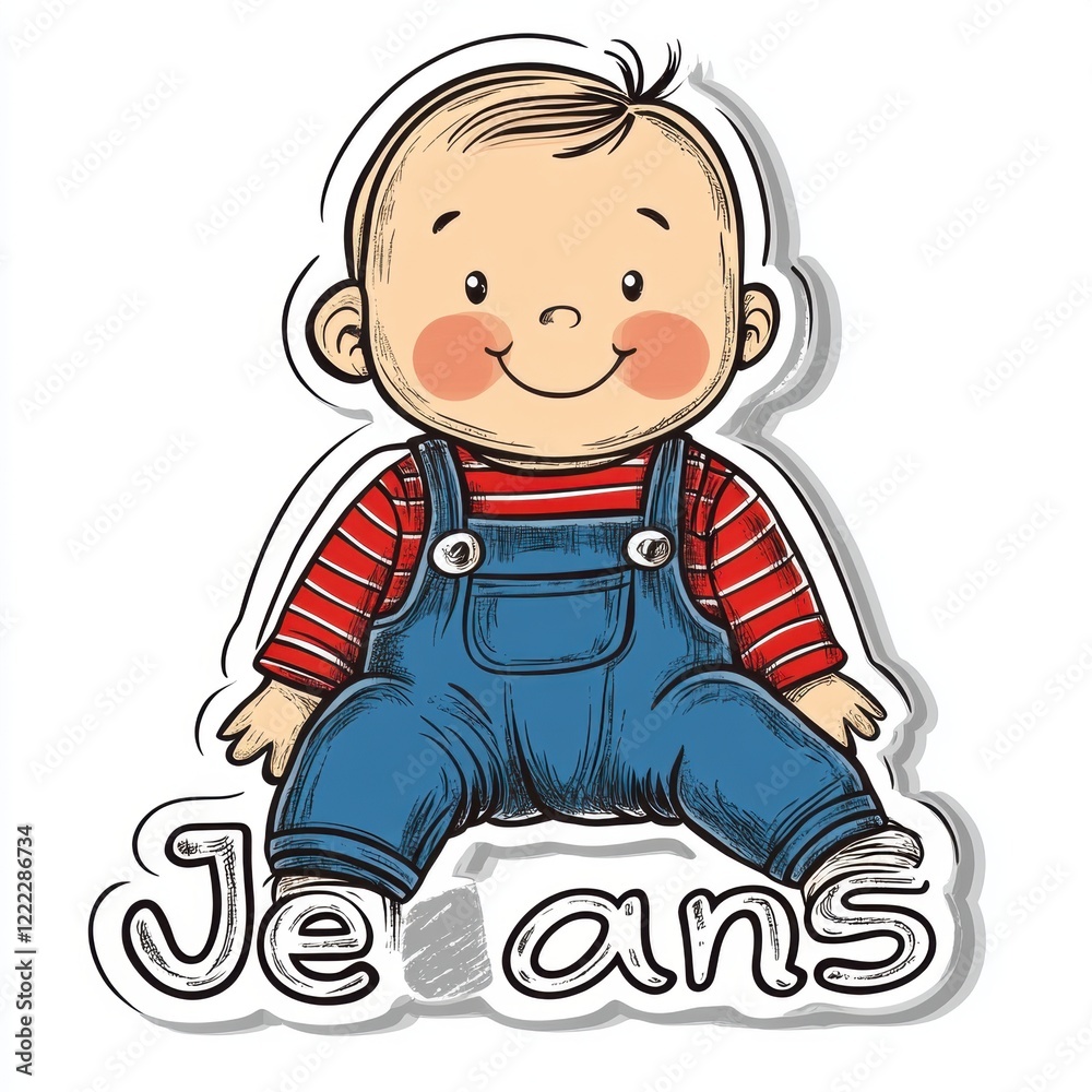 Cute Cartoon Baby Wearing Denim Overalls and Striped Shirt Cute Cartoon Baby Wearing Denim Overalls and Striped Shirt
