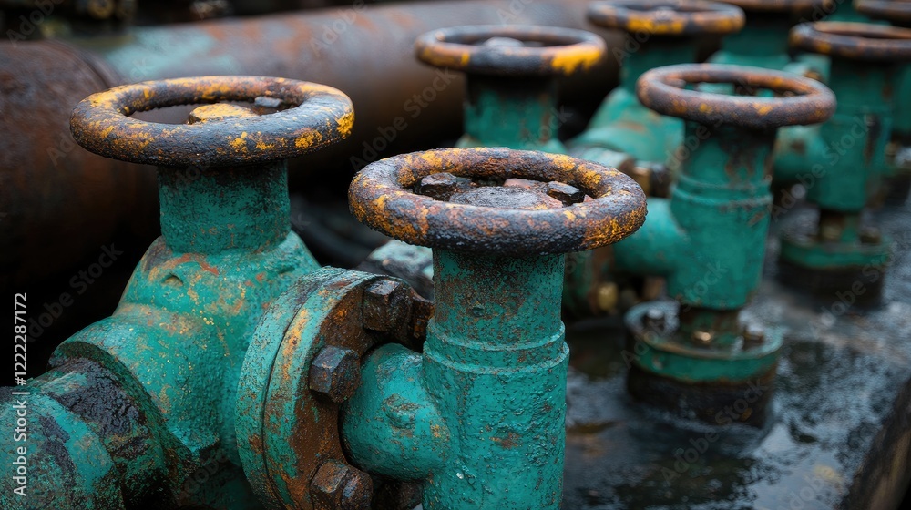 A high-resolution shot of industrial pipelines and valves in a chemical processing facility. A high-resolution shot of industrial pipelines and valves in a chemical processing facility.