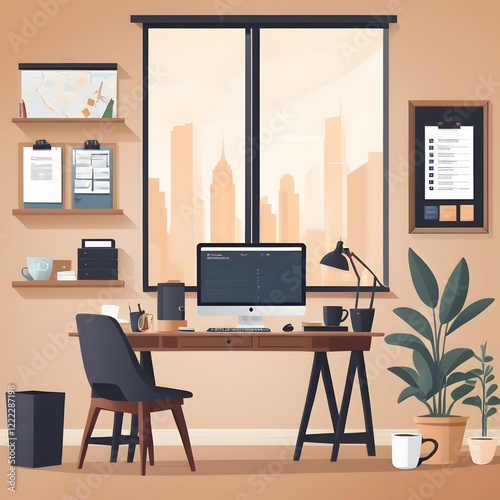 A vector design of a workspace with a desk, computer, coffee cup, and motivational posters on the wall. 