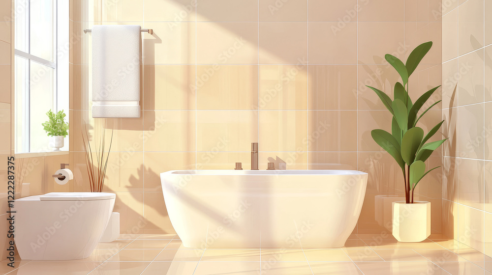Fototapeta premium Bathroom studio with ceramic tile wall and floor vector illustration. Square clean pattern for light toilet interior. Beige geometric abstract bath room mockup with shadow. Pastel glossy construction