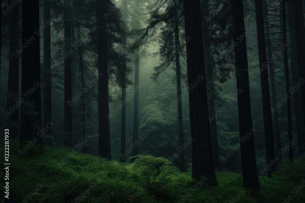 Naklejka premium A asian forest with tall dark green trees nature woodland outdoors.