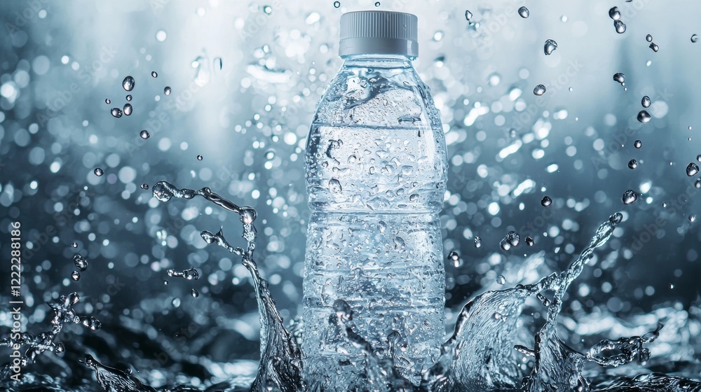 Water splashing on plastic bottle with blue background Water splashing on plastic bottle with blue background