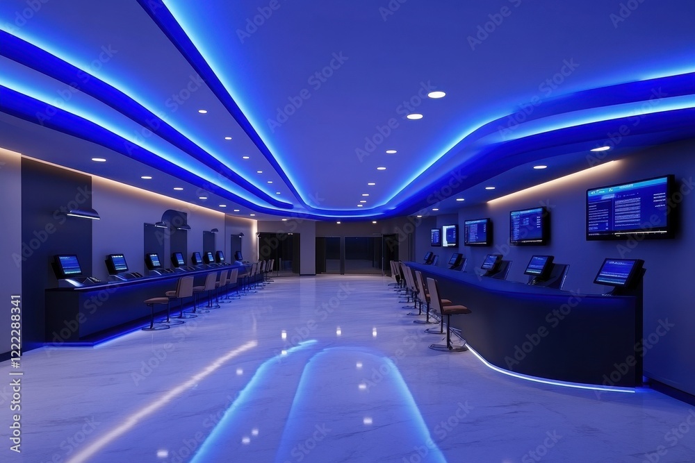 Naklejka premium Modern interior with blue lighting ambiance.