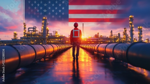 Worker in oil refinery with USA flag and pipelines