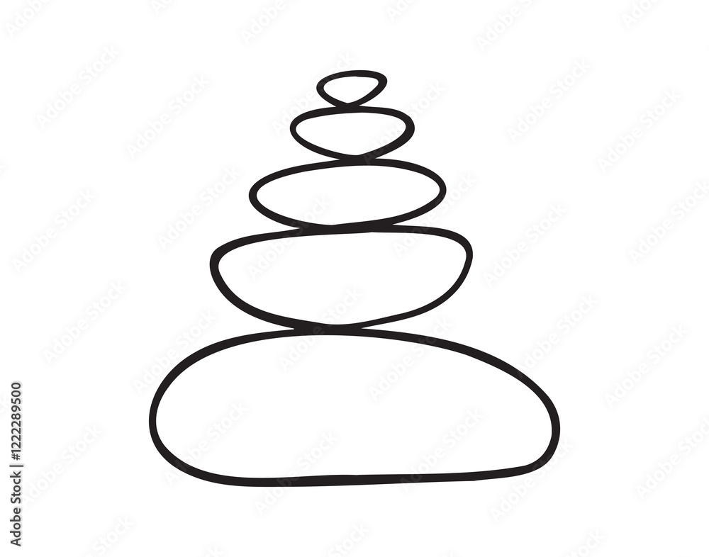 Yoga stones stack doodle hand drawn icon. Outline drawing balanced zen stone line clipart symbol. Spa pebbles black and white graphic line illustration.