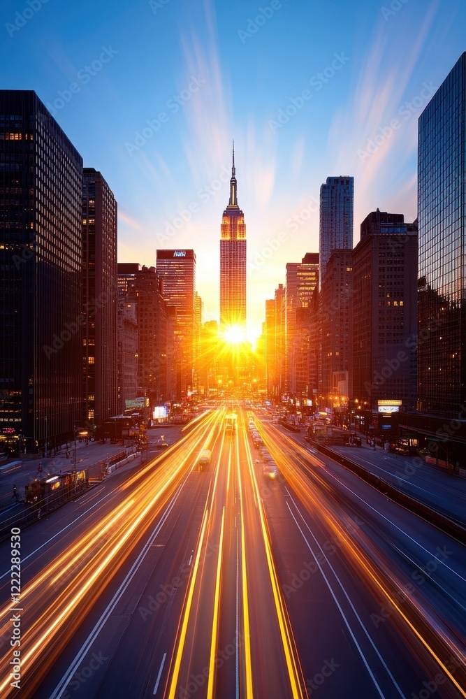 Fototapeta premium City skyline with sunset and light trails.