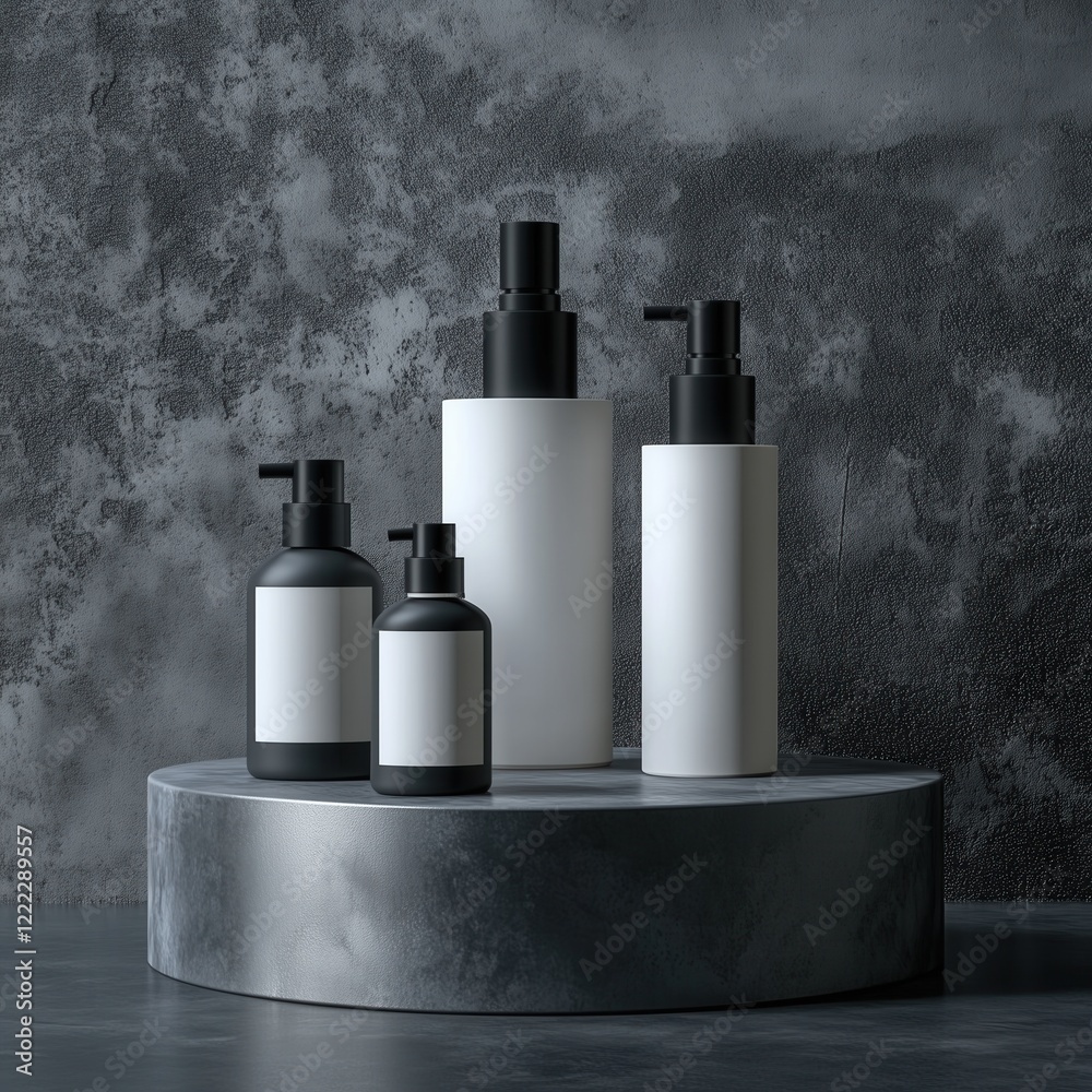 Fototapeta premium Cosmetic plastic bottles mockup. Spray bottle, pump dispenser bottle with blank white label template sitting on natural stone round podium. Logo, branding sticker template 