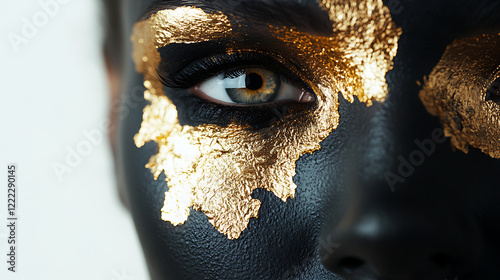 Close-up portrait of beautiful woman with black painted face and gold paint foil photo