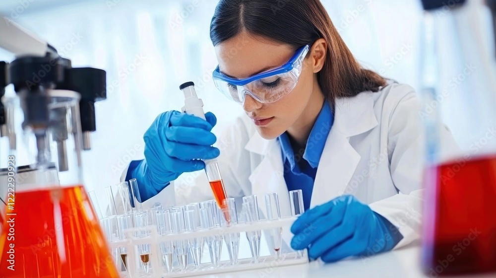 Scientist pipetting samples in lab; research, analysis Scientist pipetting samples in lab; research, analysis