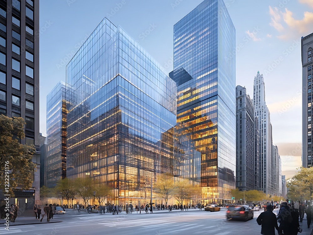 Fototapeta premium City Skyline Dominated by Tall Glass Skyscrapers Reflecting Sunrise, Modern Urban Architecture with Futuristic Aesthetic in a Serene Morning Glow