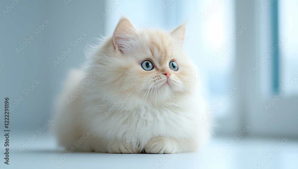 Fluffy cream-colored kitten with blue eyes resting on a smooth surface near large windows in a bright room Fluffy cream-colored kitten with blue eyes resting on a smooth surface near large windows in a bright room