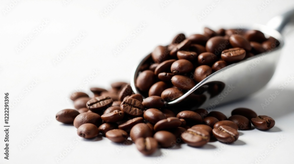 Roasted Coffee Beans Cascading from a Polished Metal Scoop onto a Pristine White Surface Roasted Coffee Beans Cascading from a Polished Metal Scoop onto a Pristine White Surface