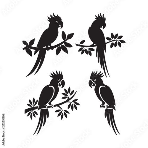 Parrot Perched On Branches, Vector Illustration silhouette, silhouette illustration of a tropical parrot