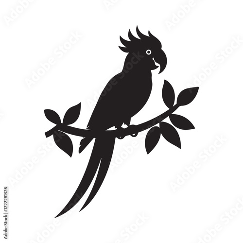 Parrot Perched On Branches, Vector Illustration silhouette, silhouette illustration of a tropical parrot