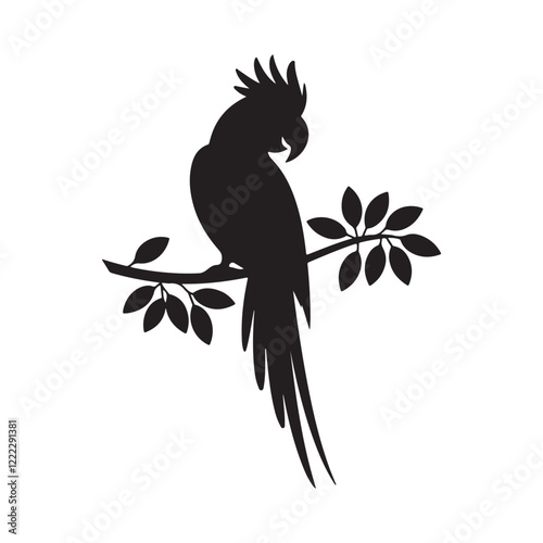 Parrot Perched On Branches, Vector Illustration silhouette, silhouette illustration of a tropical parrot