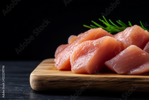 Fresh raw fish fillets prepared for cooking on a wooden cutting board garnished with herbs