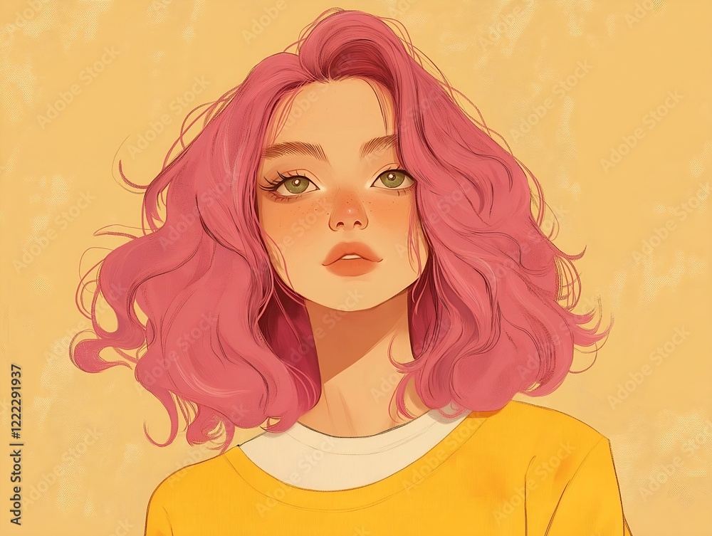 woman with pink hair, close-up portrait, soft pastel colors, gentle expression woman with pink hair, close-up portrait, soft pastel colors, gentle expression